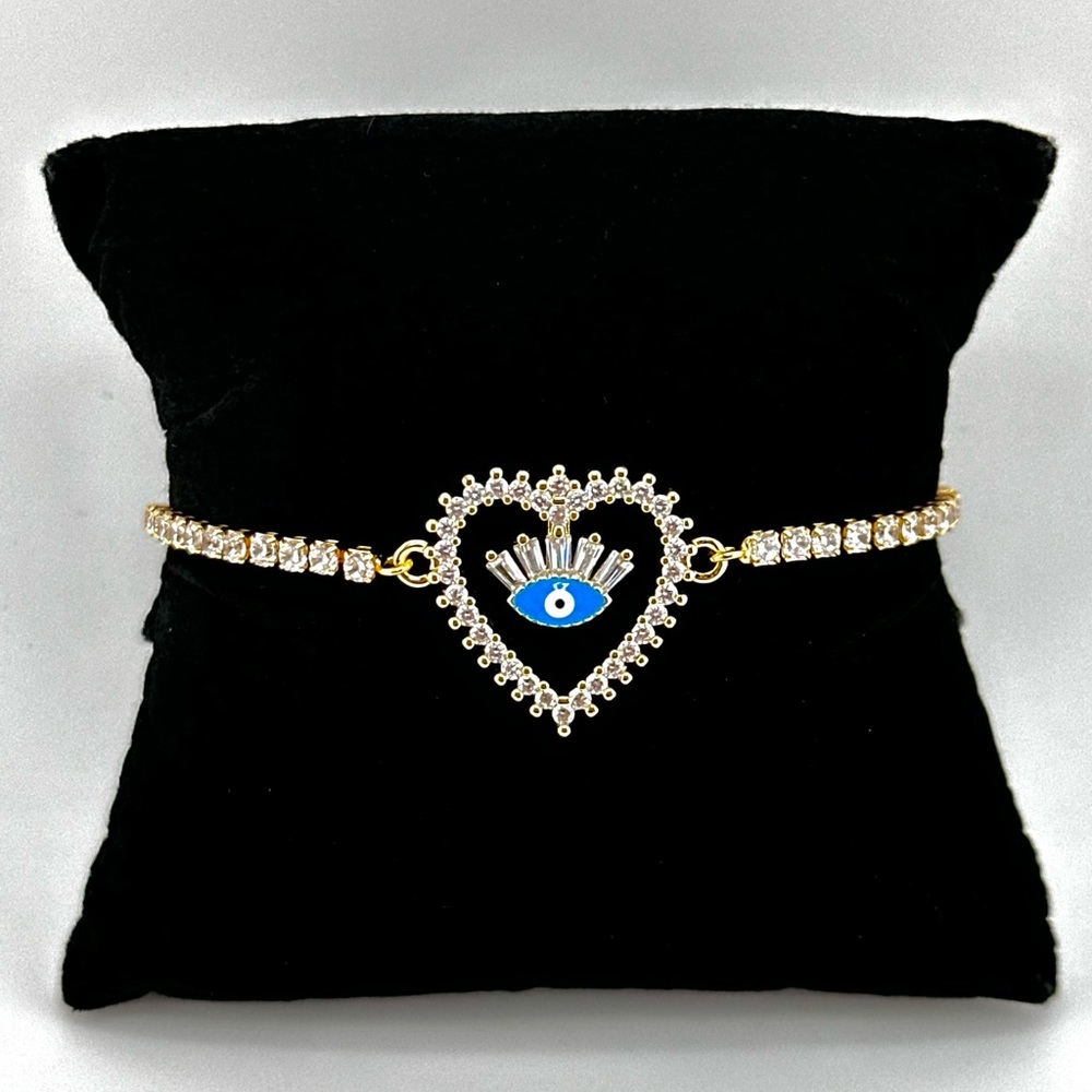 18K Gold Plated over Stainless Steel Adjusatble Slider Evil Eye & Heart Bracelet